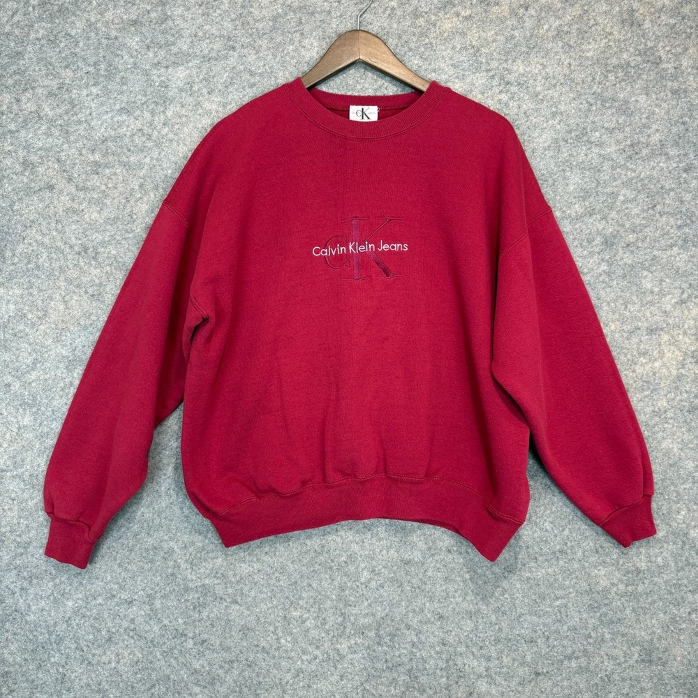 Vintage Calvin Klein Sweatshirt Adult XL Embroidered Maroon 90s Fleece CK Logo